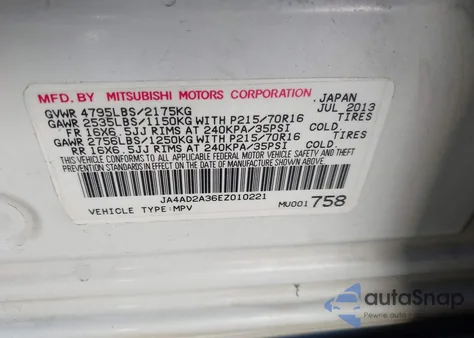 2014 Mitsubishi Outlander Es z USA, uszkodzony, nr VIN JA4AD2A36EZ010221